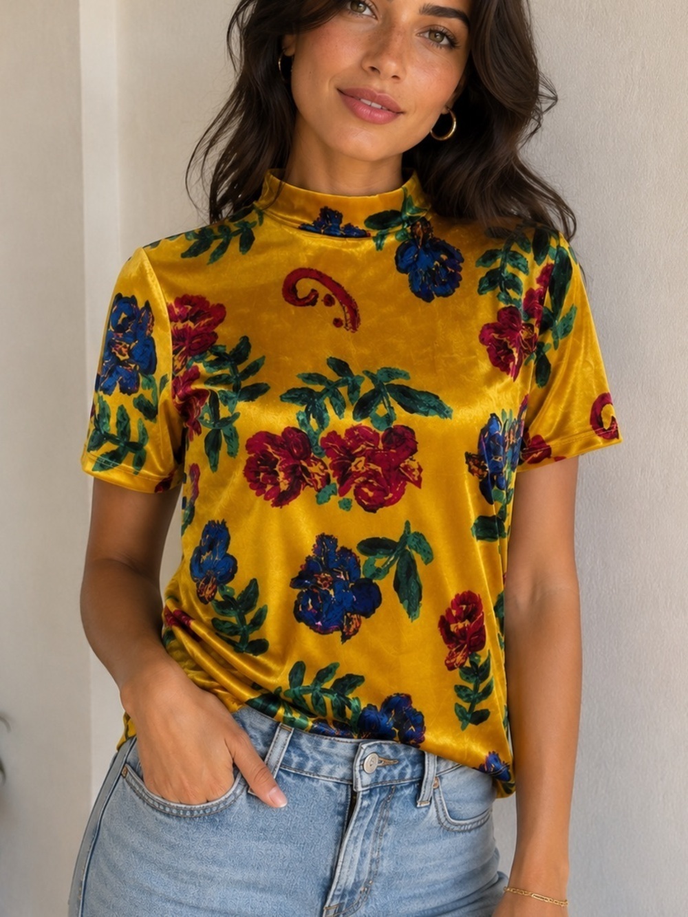 Zara Trafaluc Yellow Gold Velvet Floral Short Sleeve Mock Neck Top Shirt Sz SM